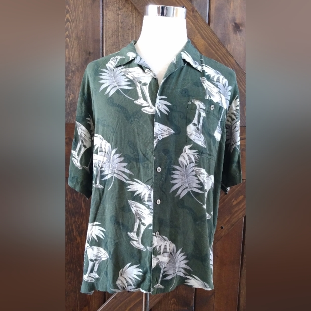Islander Men's Martini Palm Leaf Hawaiian Shirt size XL 100% Rayon Green, Pocket